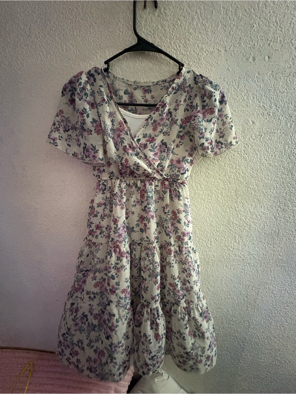 Zhenzi White Floral Wrap Midi Dress with Pink & Green Accents